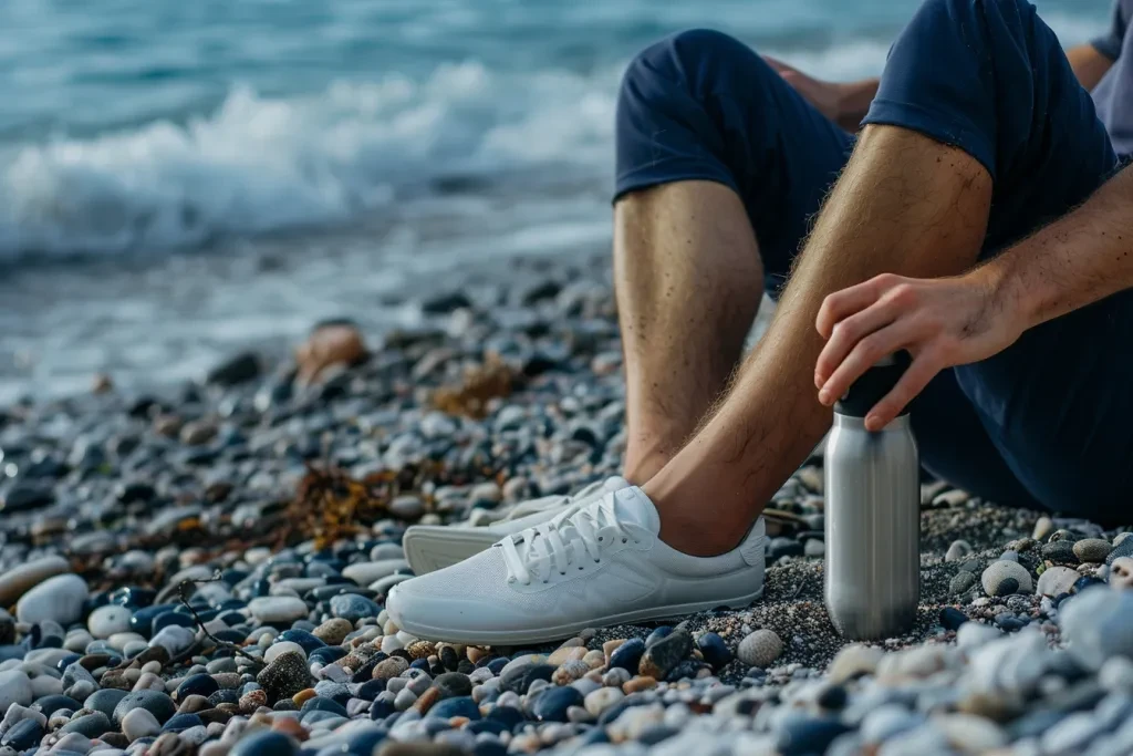 A man is sitting on the beach, holding an all steel water bottle in his hand