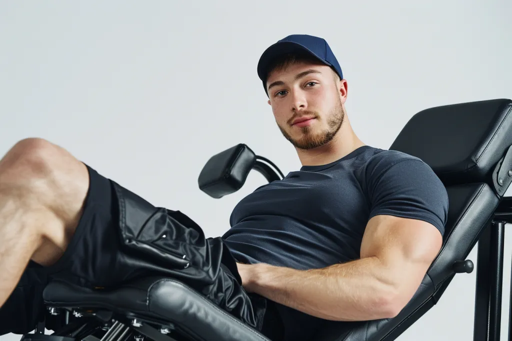 A man is sitting on the bench of a leg curl machine