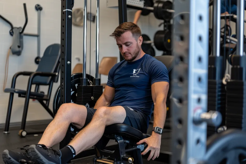 A man is sitting on the bench of an Smith Paul hip machine