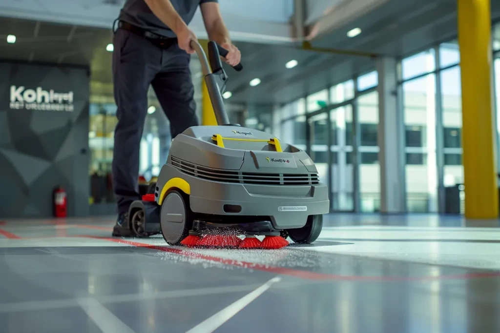 A man is using floor scrubber machine