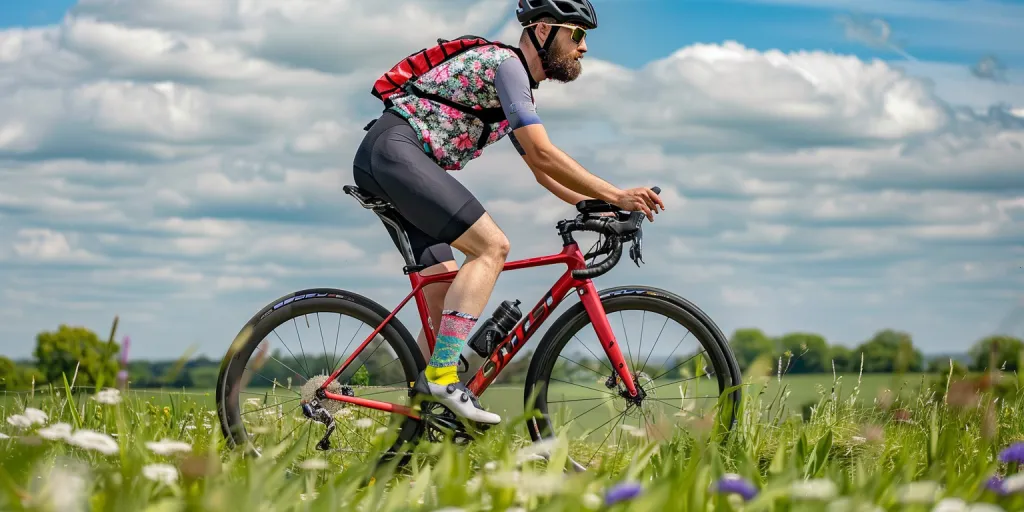 A man riding an artistically designed red road bike