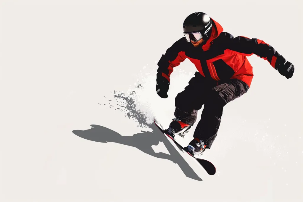 A man was snowboarding down the hill wearing a black and red jacket