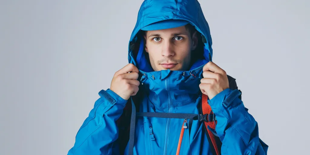 Un uomo che indossa una giacca blu Mountain Hardwear