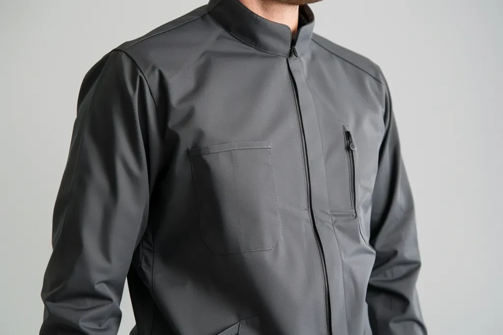 A man wearing a dark grey solid colored zipped scrubs jacket