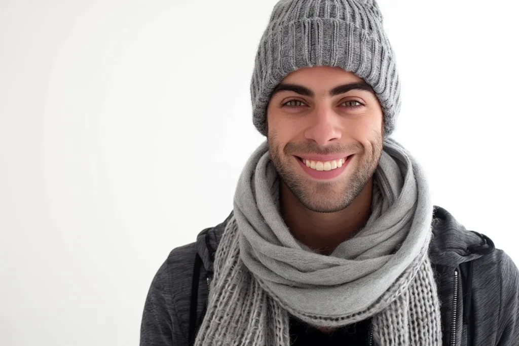 A man wearing a grey cashmere beanie