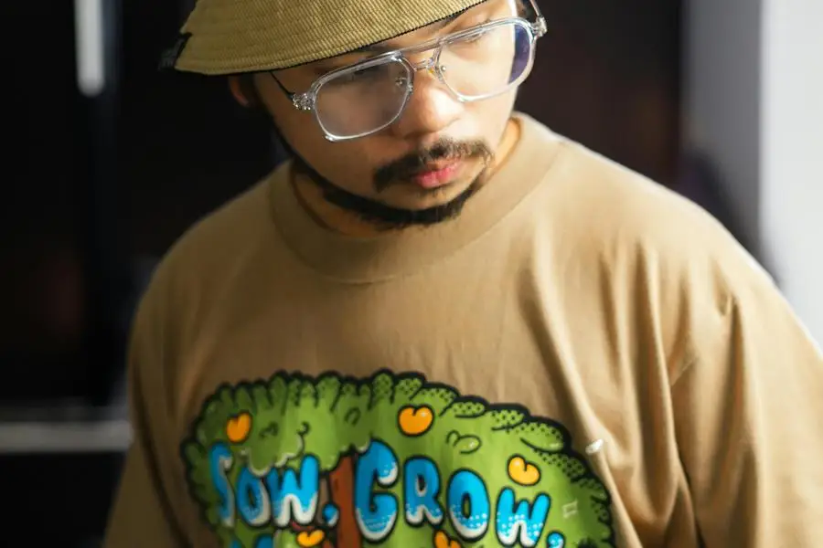 A man wearing a hat and glasses standing in front of a wall by Kenneth Surillo