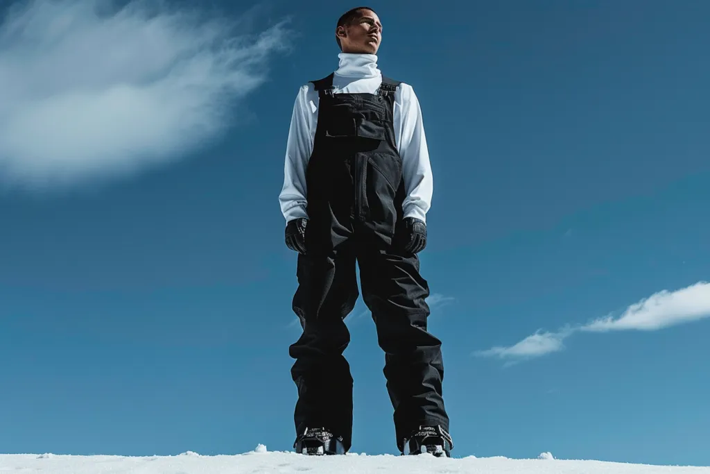 A man wearing black snowboard overalls