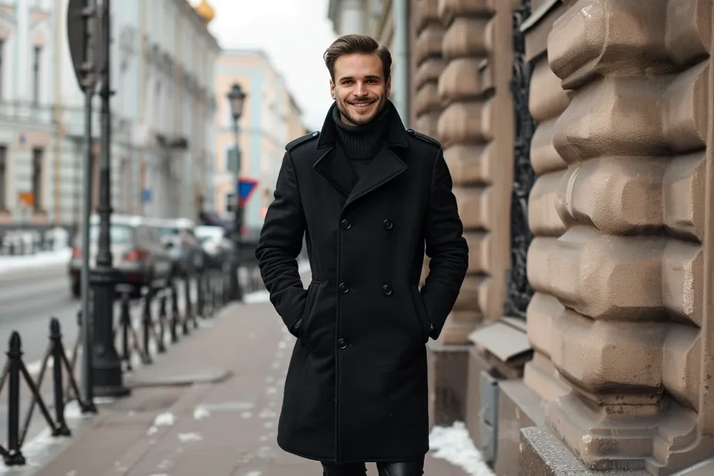 A man wearing black woolen coat