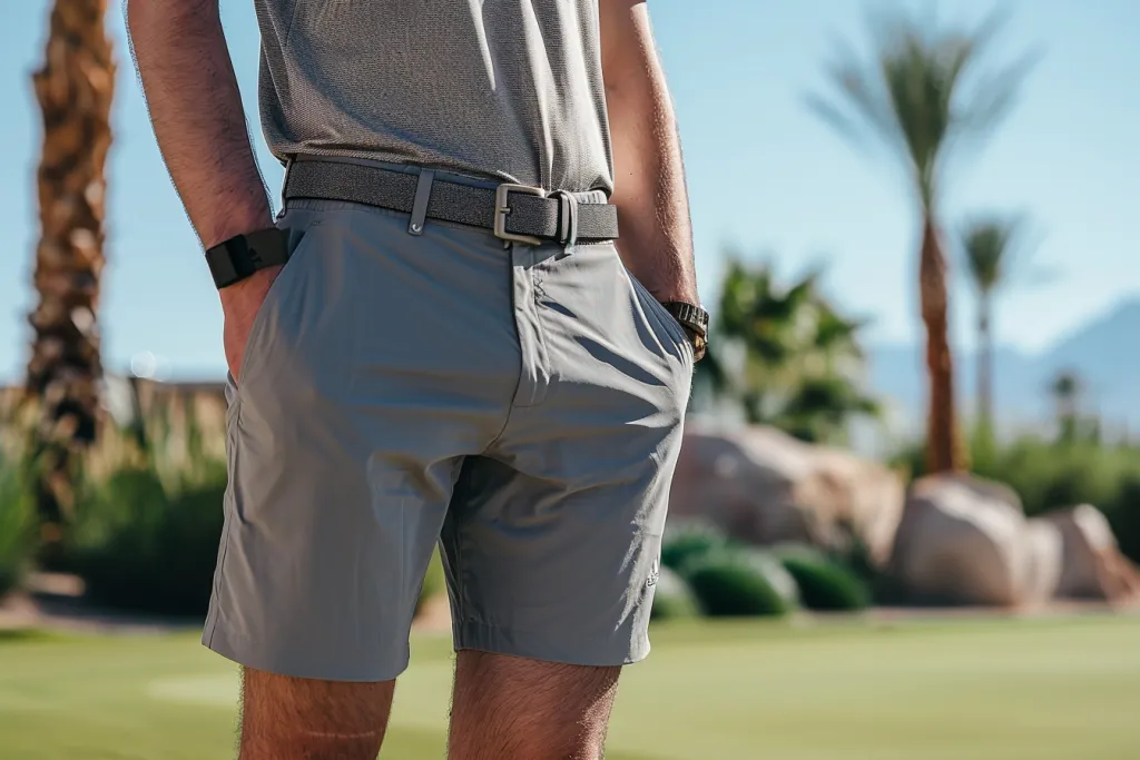 A man wearing grey brand golf shorts