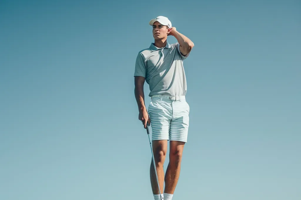 A man wearing light blue and white striped golf shorts