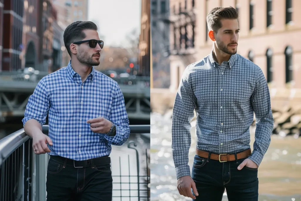 A men's blue and white checkered shirt with black pants