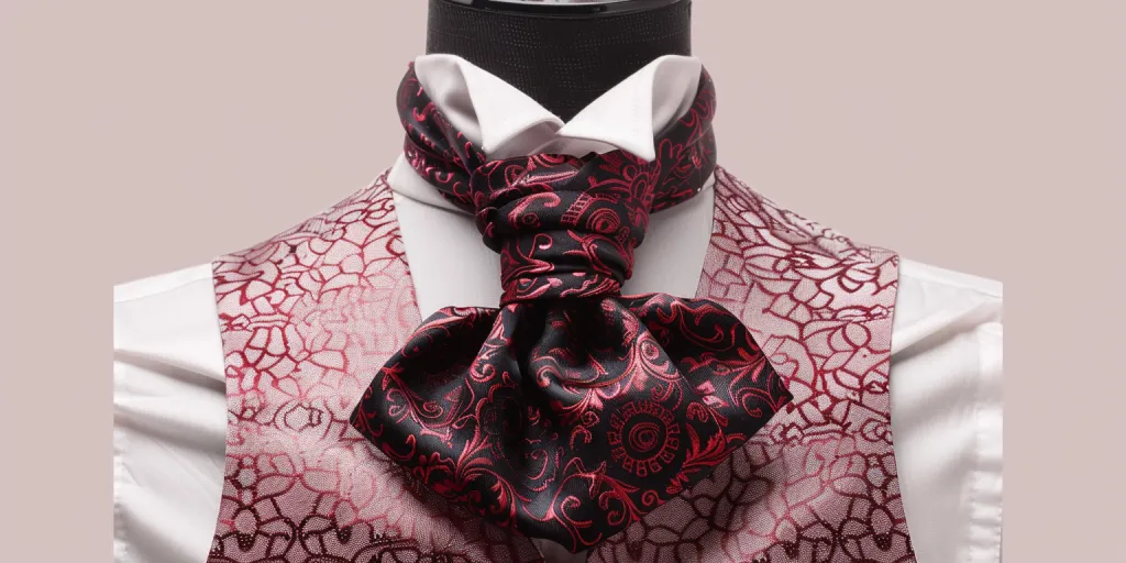 A men's red and black patterned cravat