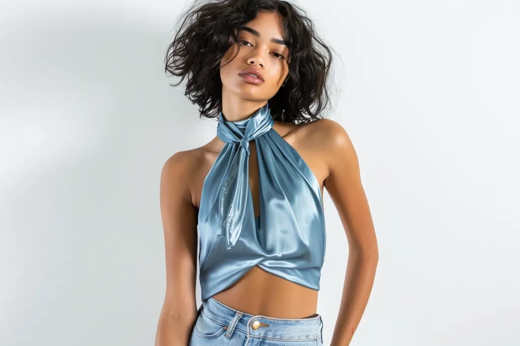 A model wearing a blue satin halter top with a high neck and tie detail