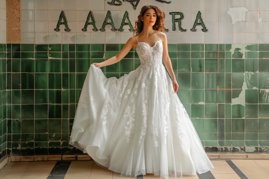 A model wearing an Aline wedding dress