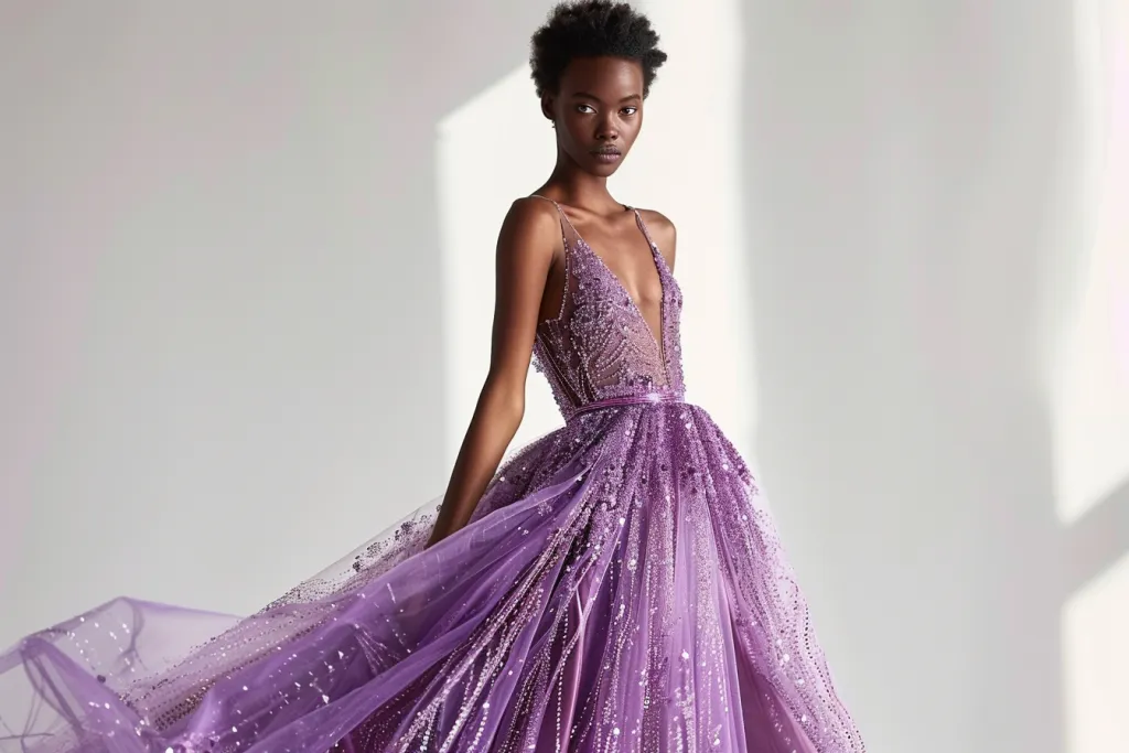 A model wearing an elegant purple evening gown