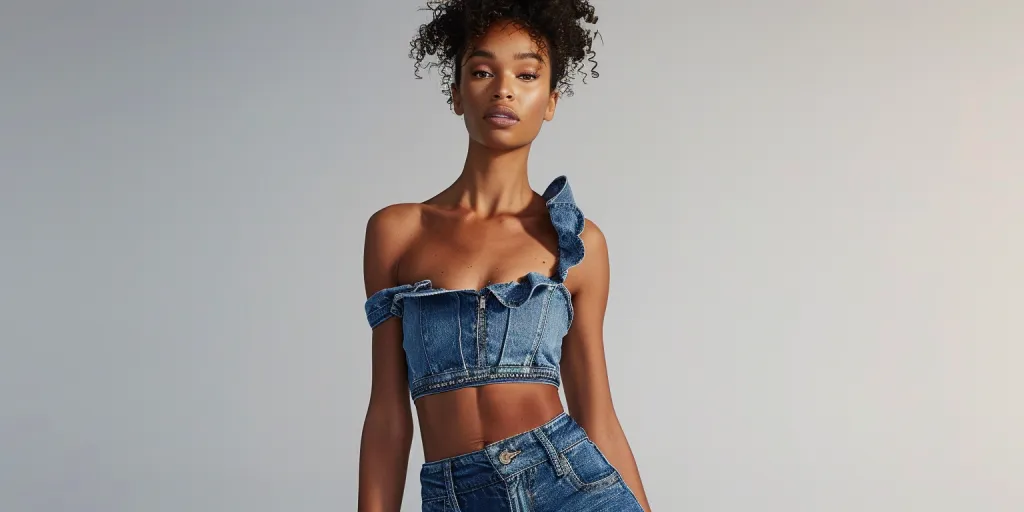 A model wears a denim strapless top