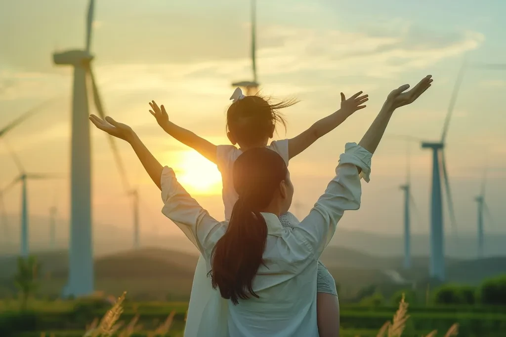 A mother and daughter with their arms raised in the air, enjoying wind power farm landscape at sunset