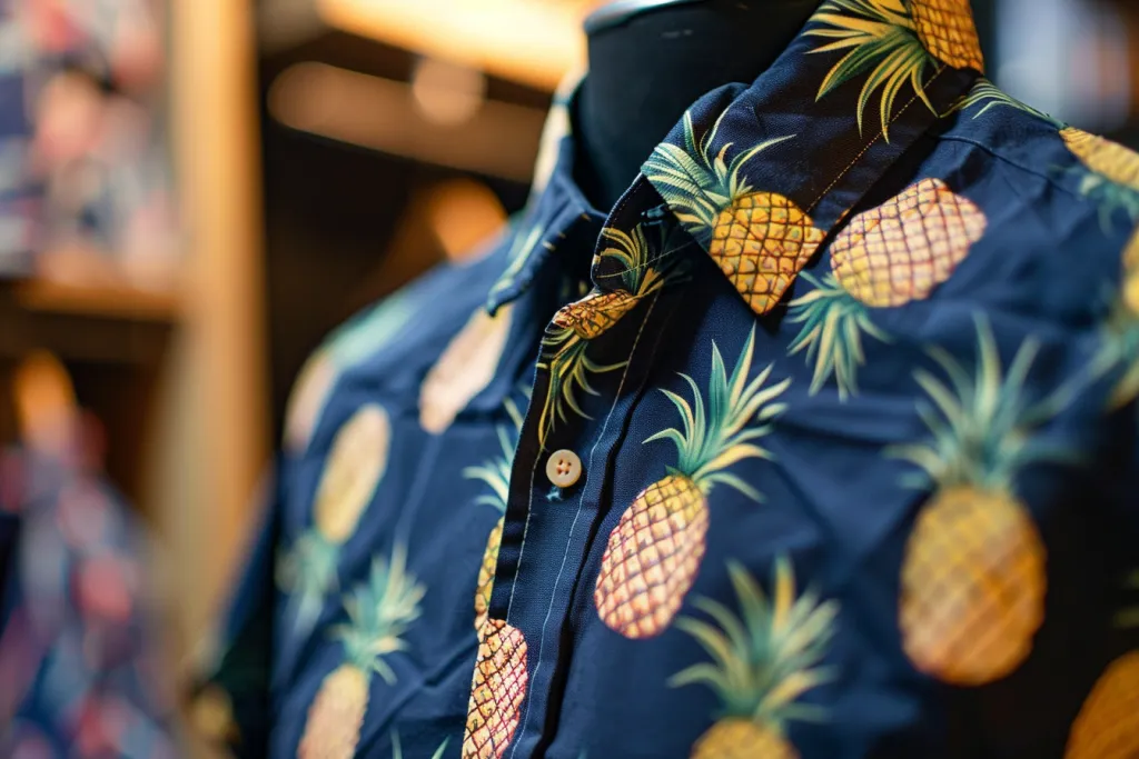 A navy blue shirt with pineapples on it