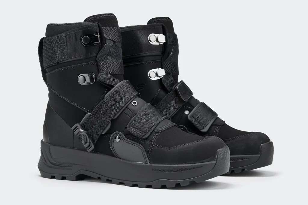 A pair of black snowboard boots