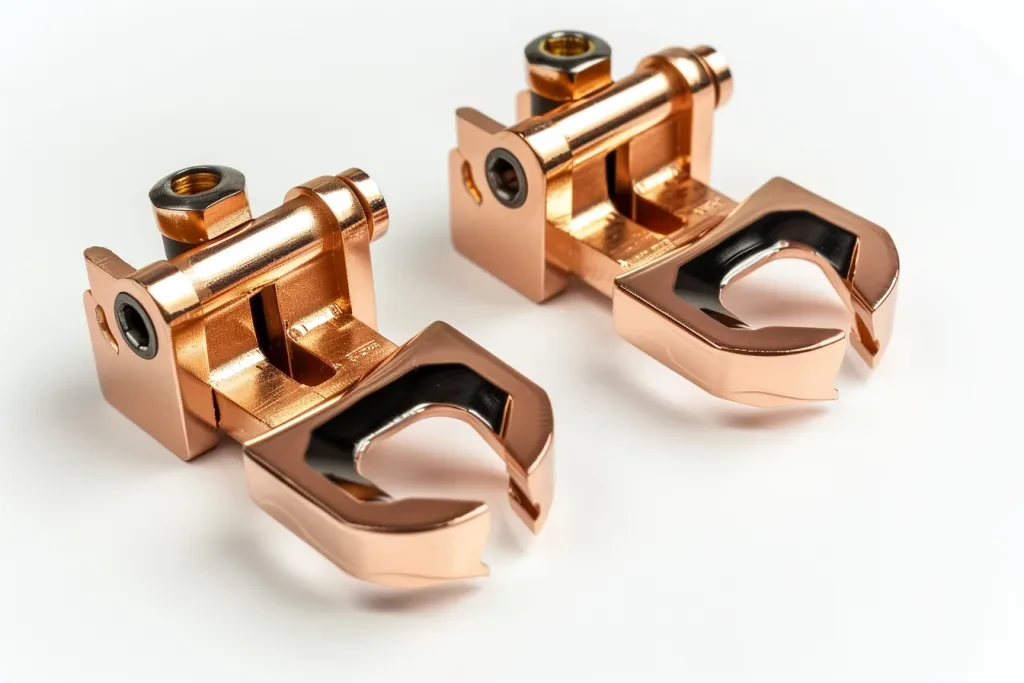 A pair of copper battery clamps with a white background