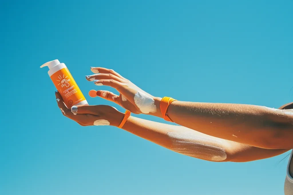 A person applying sunscreen on their arm