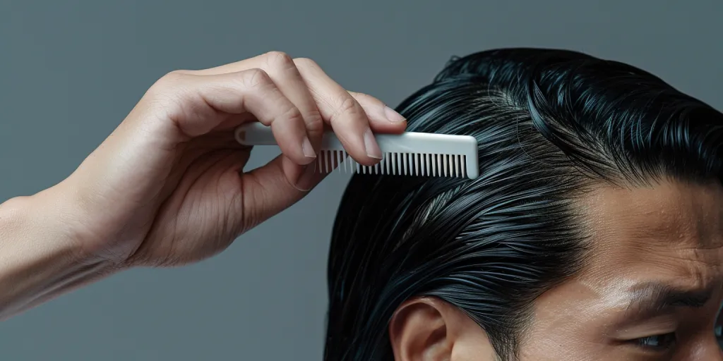 A person combing their hair with a gray background