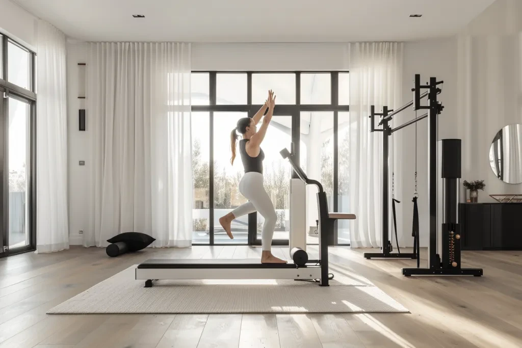 A person doing pilates on related equipment in their home