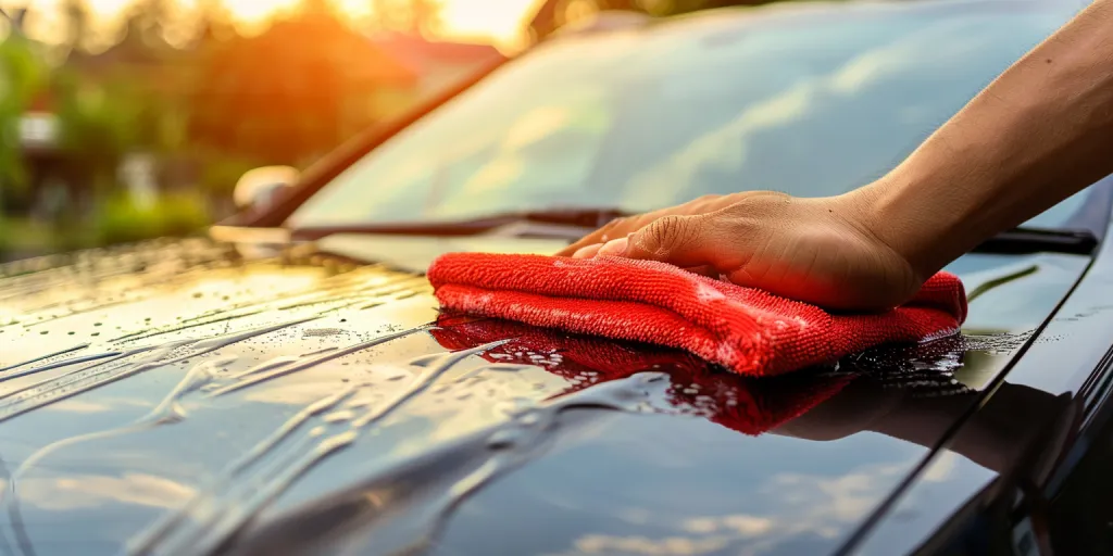 A person is using a microfiber cloth to clean the car's roof