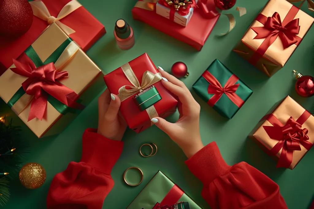 A person is wrapping gifts in red