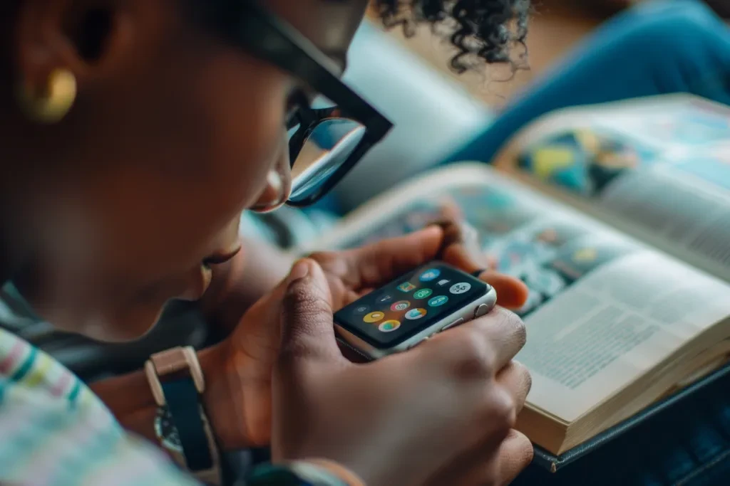 A person wearing glasses is using their smartwatch