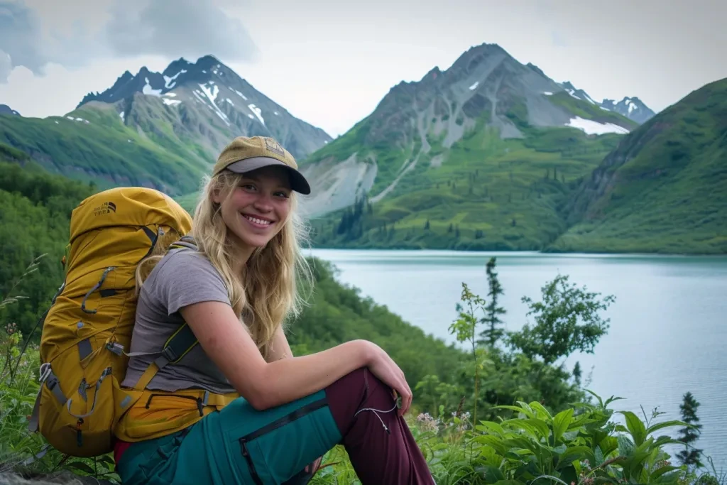 A photo of a blonde woman wearing maroon and teal hiking pants