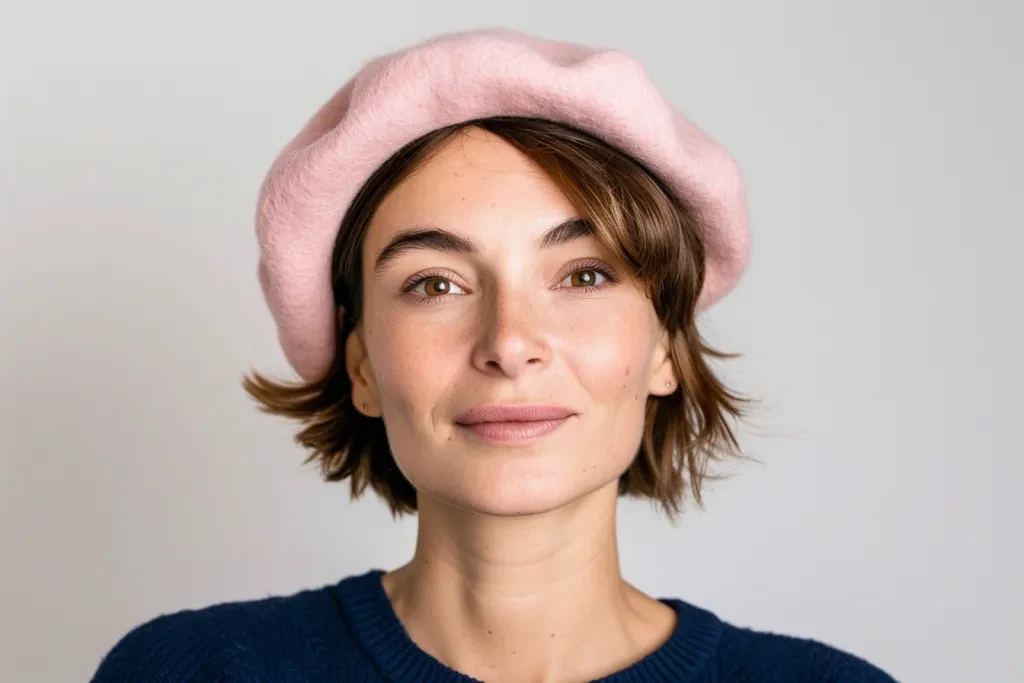 A photo of a pink beret worn in the style