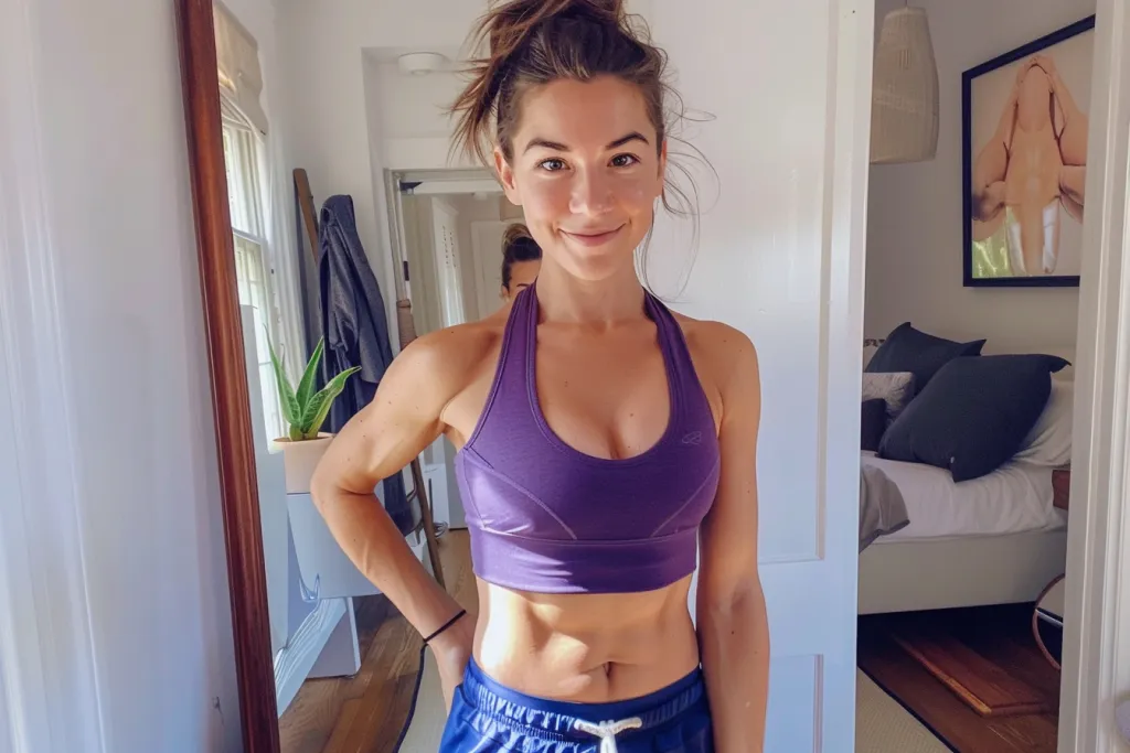 A photo of an athletic woman in purple tank top and navy blue shorts