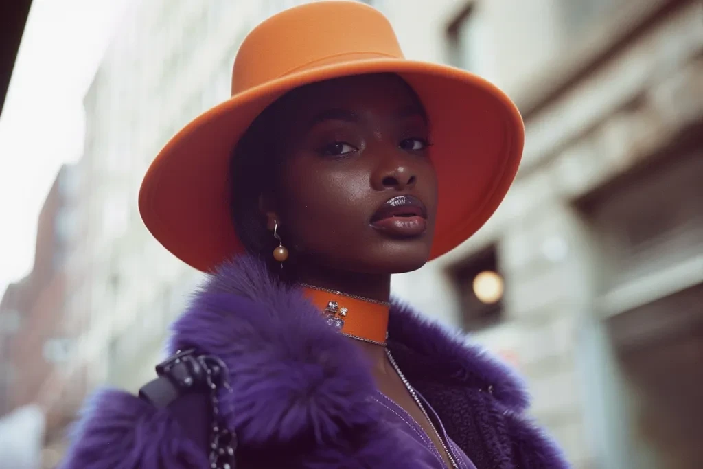 A photo of an attractive black woman wearing an orange bucket hat