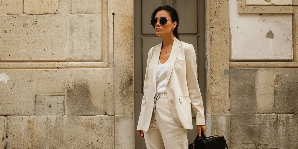 A photo of an elegant woman in white trousers