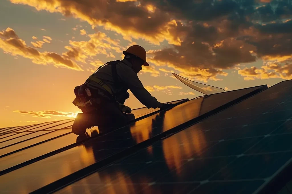 A photo of an engineer working on a solar panel roof during golden hour