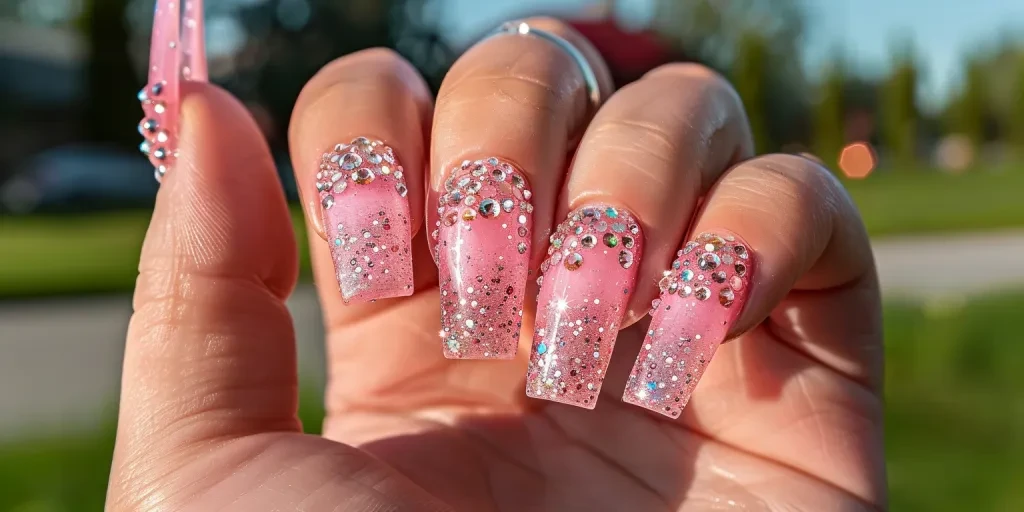 A photo of beautiful long pink nails with rhinestones and glitter