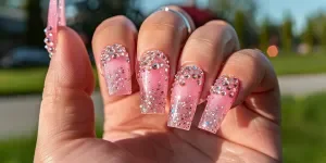 A photo of beautiful long pink nails with rhinestones and glitter