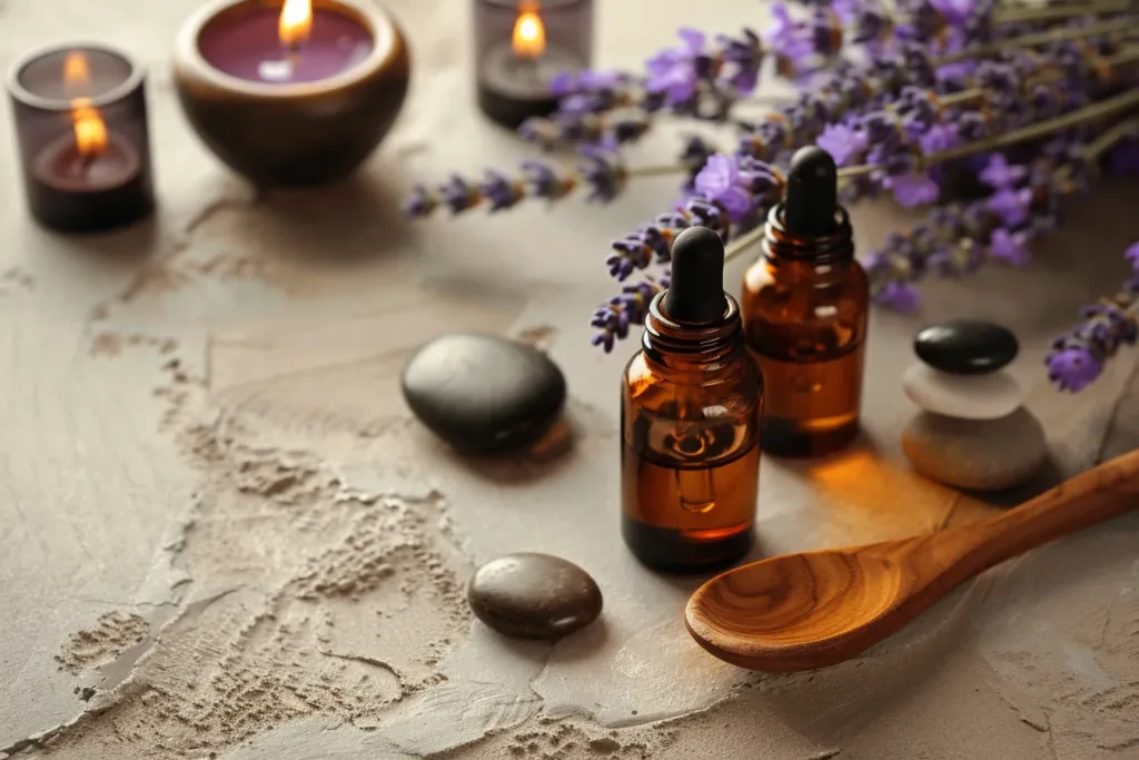 A photo of lavender essential oil in small brown bottles