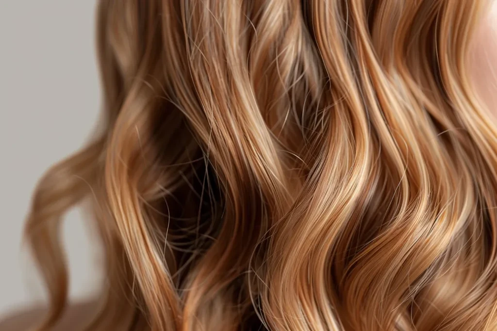 A photo of long wavy hair with blonde highlights