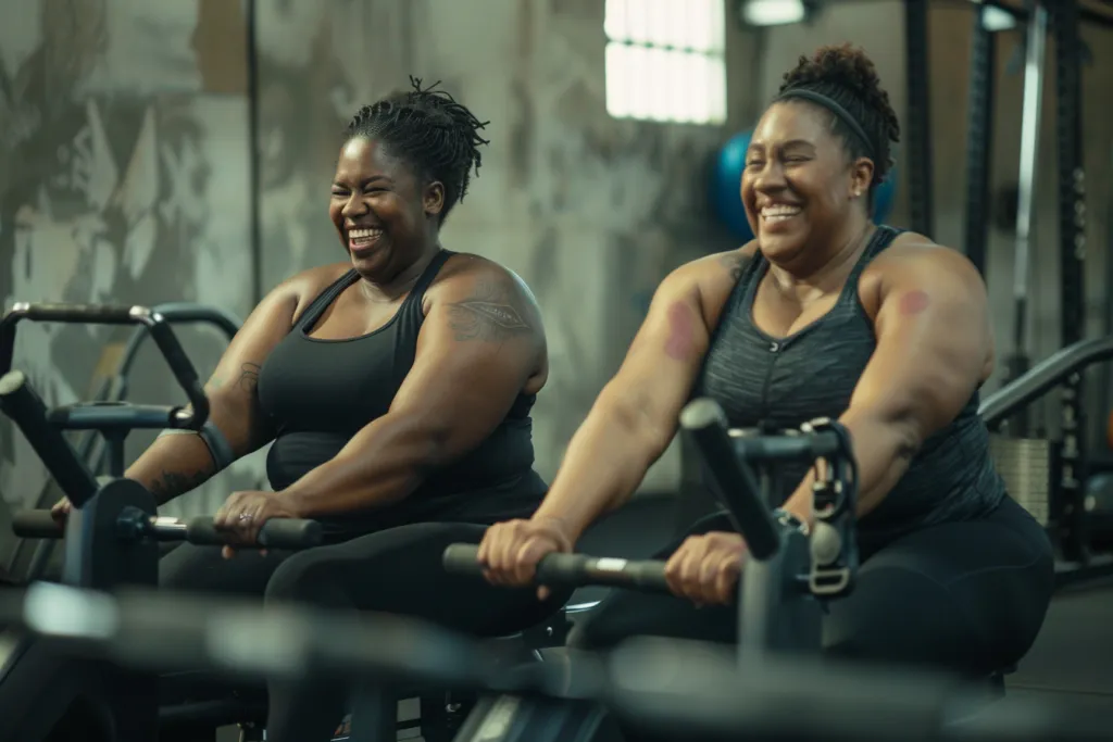 A photo of two plus-size black women working out