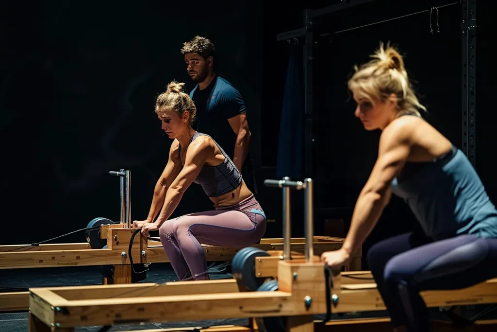 A photo of two women and one man doing pilates used on an air sports company's website