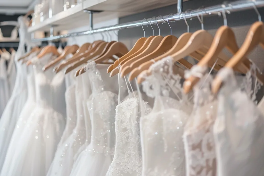 A photo of white wedding dresses with beaded details hanging on hangers in a shop, white background, professional photography, high quality, High resolution, detailed