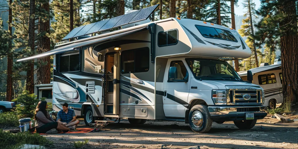 A photo shows solar panels on the side door of an RV parked at a campsite with a family sitting in front and next to it