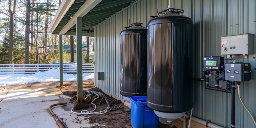 A photo shows two large water filter tanks