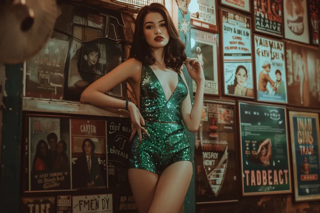 A photograph of an attractive woman wearing a short green sequin dress