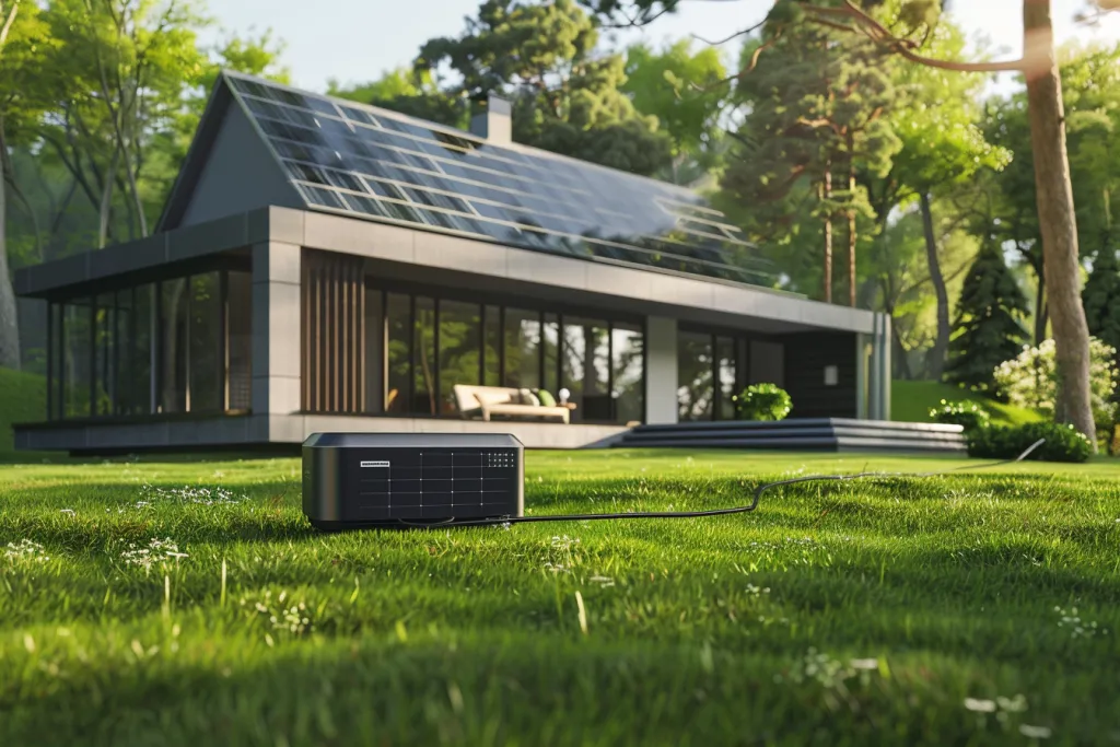 A photorealistic, highresolution image of the ecohead E605 smart solar in daylight near an outdoor home power station charging from two large
