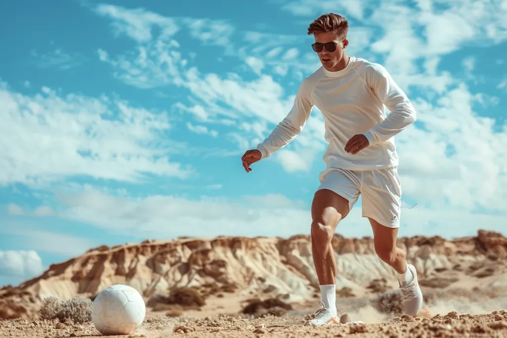 A photoshoot of a male model wearing a white long sleeve t-shirt and shorts