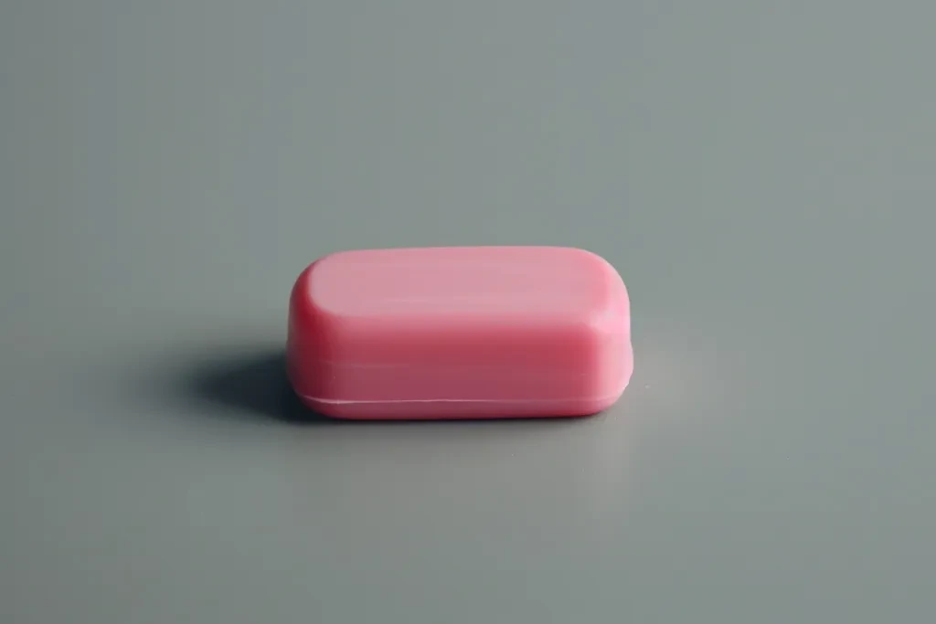 A pink soap bar lies on a surface