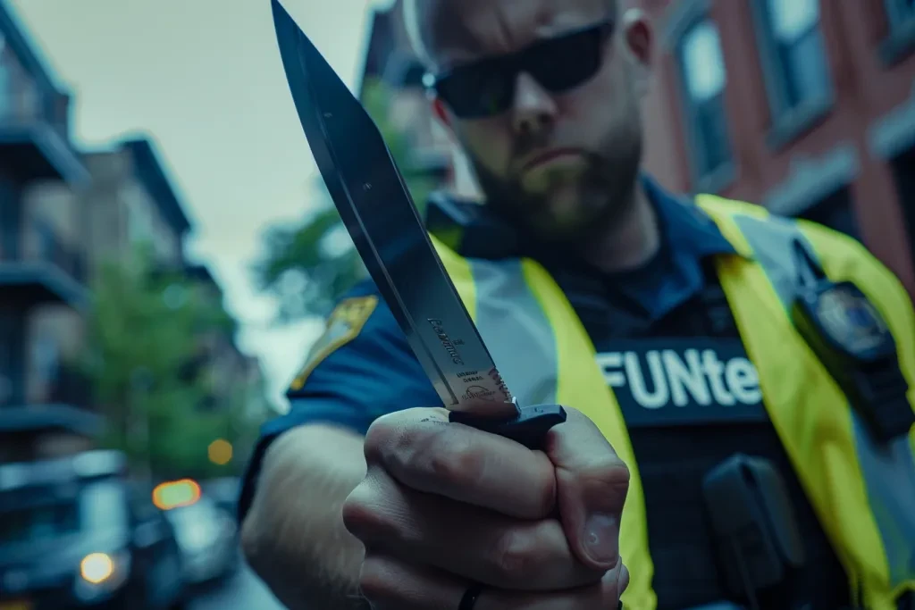 A police officer is holding up a knife